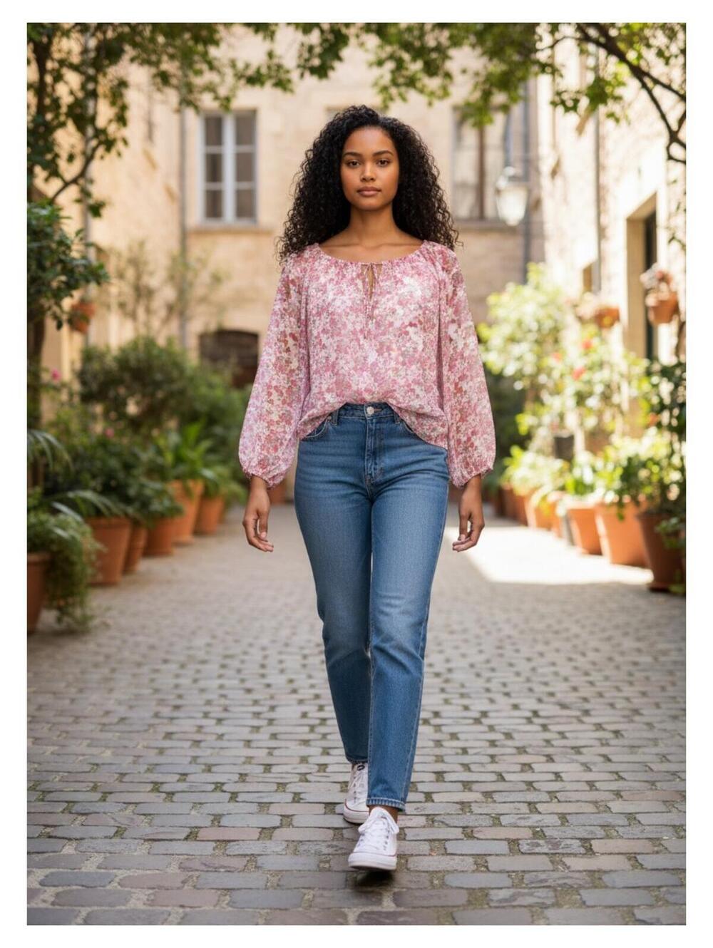 Women's Pink Floral Long Sleeve Peasant Boho Cottagecore Lightweight Blouse